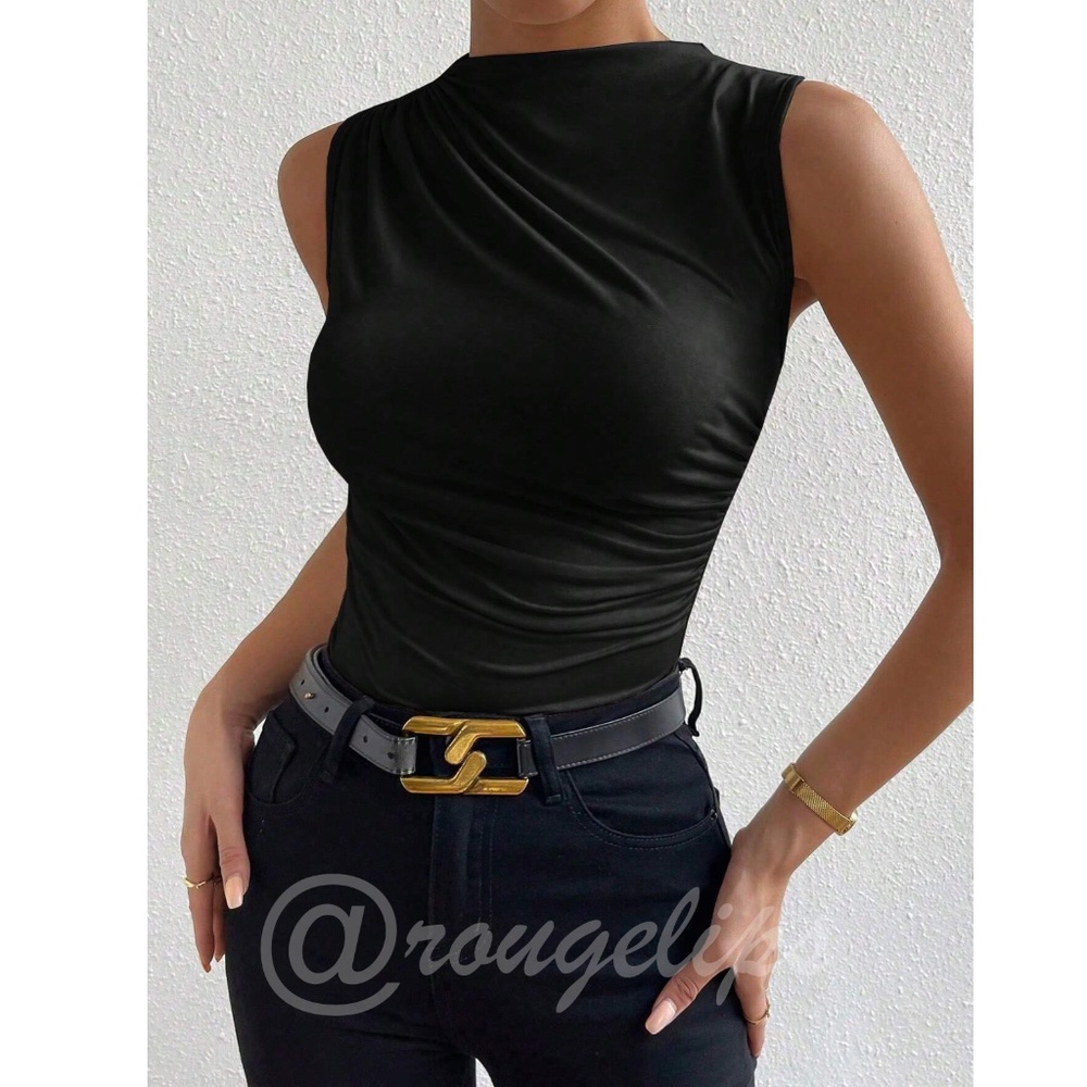 Ruched Black Asymmetrical Sleeveless Shirt Top Stretchy - Picture 2 of 11